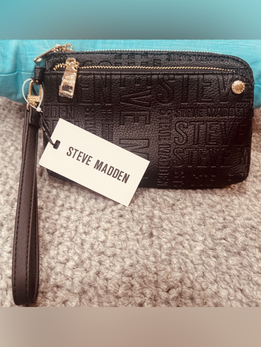 NWT Steve Madden Black Embossed Logo Wristlet with Gold Hardware